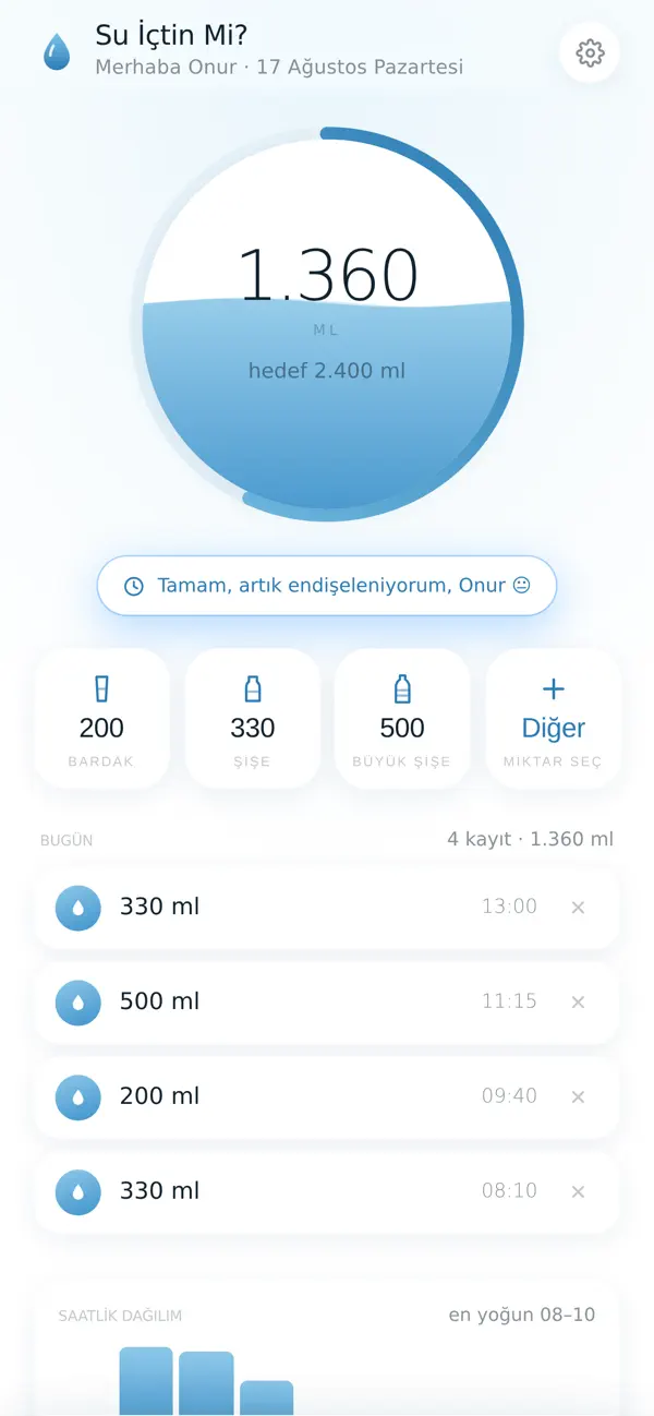 Su İçtim Mi ana takip ekranı