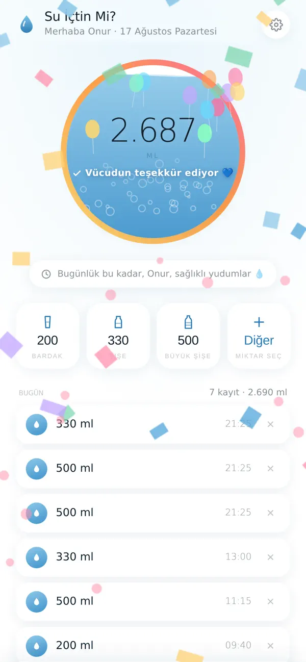 Su İçtim Mi hedef kutlama ekranı